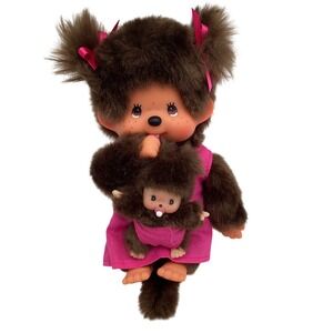 Monchhichi Mother and Baby Plush Monkey Pink Dress Sekiguchi Style Brown Fur